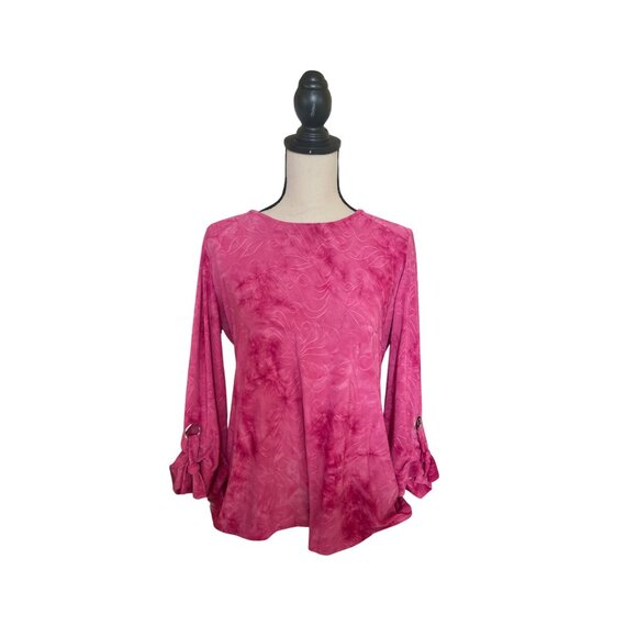 New Direction Women Small Blouse Pink Embroidered Swirl Rolled Sleeve Barbiecore - Picture 1 of 8